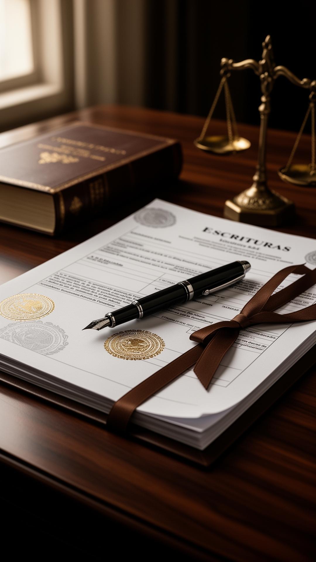 Escrituras y expediente legal sobre escritorio de notario público — due diligence inmobiliario MRE